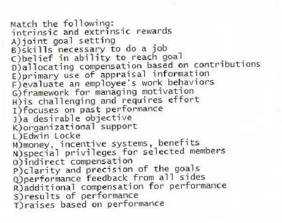 Match the following:
-intrinsic and extrinsic rewards
A)joint goal setting
B)skills necessary to do a job
C)belief in ability to reach goal
D)allocating compensation based on contributions
E)primary use of appraisal information
F)evaluate an employee's work behaviors
G)framework for managing motivation
H)is challenging and requires effort
I)focuses on past performance
J)a desirable objective
K)organizational support
L)Edwin Locke
M)money, incentive systems, benefits
N)special privileges for selected members
O)indirect compensation
P)clarity and precision of the goals
Q)performance feedback from all sides
R)additional compensation for performance
S)results of performance
T)raises based on performance