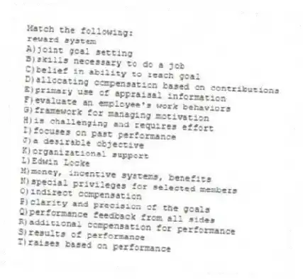 Match the following:
-reward system
A)joint goal setting
B)skills necessary to do a job
C)belief in ability to reach goal
D)allocating compensation based on contributions
E)primary use of appraisal information
F)evaluate an employee's work behaviors
G)framework for managing motivation
H)is challenging and requires effort
I)focuses on past performance
J)a desirable objective
K)organizational support
L)Edwin Locke
M)money, incentive systems, benefits
N)special privileges for selected members
O)indirect compensation
P)clarity and precision of the goals
Q)performance feedback from all sides
R)additional compensation for performance
S)results of performance
T)raises based on performance