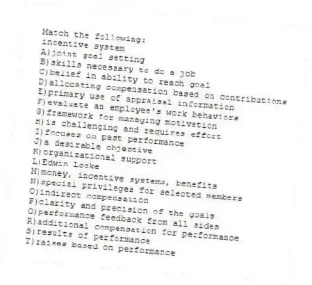 Match the following:
-incentive system
A)joint goal setting
B)skills necessary to do a job
C)belief in ability to reach goal
D)allocating compensation based on contributions
E)primary use of appraisal information
F)evaluate an employee's work behaviors
G)framework for managing motivation
H)is challenging and requires effort
I)focuses on past performance
J)a desirable objective
K)organizational support
L)Edwin Locke
M)money, incentive systems, benefits
N)special privileges for selected members
O)indirect compensation
P)clarity and precision of the goals
Q)performance feedback from all sides
R)additional compensation for performance
S)results of performance
T)raises based on performance