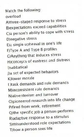 Match the following:
-overload
A)three-staged response to stress
B)expectations exceed capabilities
C)a person's ability to cope with stress
D)negative stress
E)a single upheaval in one's life
F)Type A and Type B profiles
G)Anything that induces stress
H)concepts of eustress and distress
I)sabbatical
J)a set of expected behaviors
K)lower morale
L)task demands and role demands
M)inconsistent role demands
N)absenteeism and turnover
O)pioneered research into life change
P)fired from work, retirement
Q)the specific job a person performs
R)adaptive response to a stimulus
S)misunderstood role expectations
T)how a person sees life