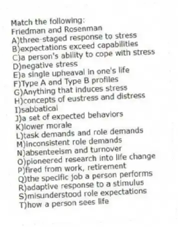 Match the following:
-Friedman and Rosenman
A)three-staged response to stress
B)expectations exceed capabilities
C)a person's ability to cope with stress
D)negative stress
E)a single upheaval in one's life
F)Type A and Type B profiles
G)Anything that induces stress
H)concepts of eustress and distress
I)sabbatical
J)a set of expected behaviors
K)lower morale
L)task demands and role demands
M)inconsistent role demands
N)absenteeism and turnover
O)pioneered research into life change
P)fired from work, retirement
Q)the specific job a person performs
R)adaptive response to a stimulus
S)misunderstood role expectations
T)how a person sees life
