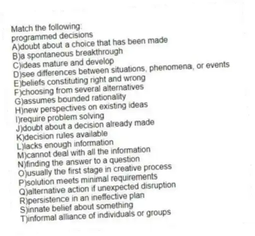 Match the following:
-programmed decisions
A)doubt about a choice that has been made
B)a spontaneous breakthrough
C)ideas mature and develop
D)see differences between situations, phenomena, or events
E)beliefs constituting right and wrong
F)choosing from several alternatives
G)assumes bounded rationality
H)new perspectives on existing ideas
I)require problem solving
J)doubt about a decision already made
K)decision rules available
L)lacks enough information
M)cannot deal with all the information
N)finding the answer to a question
O)usually the first stage in creative process
P)solution meets minimal requirements
Q)alternative action if unexpected disruption
R)persistence in an ineffective plan
S)innate belief about something
T)informal alliance of individuals or groups