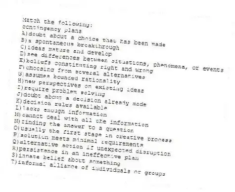 Match the following:
-contingency plans
A)doubt about a choice that has been made
B)a spontaneous breakthrough
C)ideas mature and develop
D)see differences between situations, phenomena, or events
E)beliefs constituting right and wrong
F)choosing from several alternatives
G)assumes bounded rationality
H)new perspectives on existing ideas
I)require problem solving
J)doubt about a decision already made
K)decision rules available
L)lacks enough information
M)cannot deal with all the information
N)finding the answer to a question
O)usually the first stage in creative process
P)solution meets minimal requirements
Q)alternative action if unexpected disruption
R)persistence in an ineffective plan
S)innate belief about something
T)informal alliance of individuals or groups