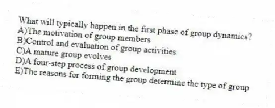 What will typically happen in the first phase of group dynamics?
A)The motivation of group members
B)Control and evaluation of group activities
C)A mature group evolves
D)A four-step process of group development
E)The reasons for forming the group determine the type of group