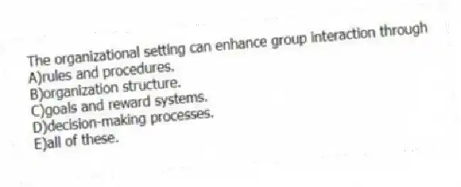 The organizational setting can enhance group interaction through
A)rules and procedures.
B)organization structure.
C)goals and reward systems.
D)decision-making processes.
E)all of these.