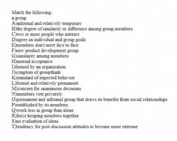 Match the following:
-a group
A)informal and relatively temporary
B)the degree of similarity or difference among group members
C)two or more people who interact
D)agree on individual and group goals
E)members don't meet face to face
F)new product development group
G)similarity among members
H)mutual acceptance
I)formed by an organization
J)symptom of groupthink
K)standard of expected behavior
L)formal and relatively permanent
M)concern for unanimous decisions
N)members vote privately
O)permanent and informal group that draws its benefits from social relationships
P)established by its members
Q)work less in group than alone
R)force keeping members together
S)no evaluation of ideas
T)tendency for post-discussion attitudes to become more extreme