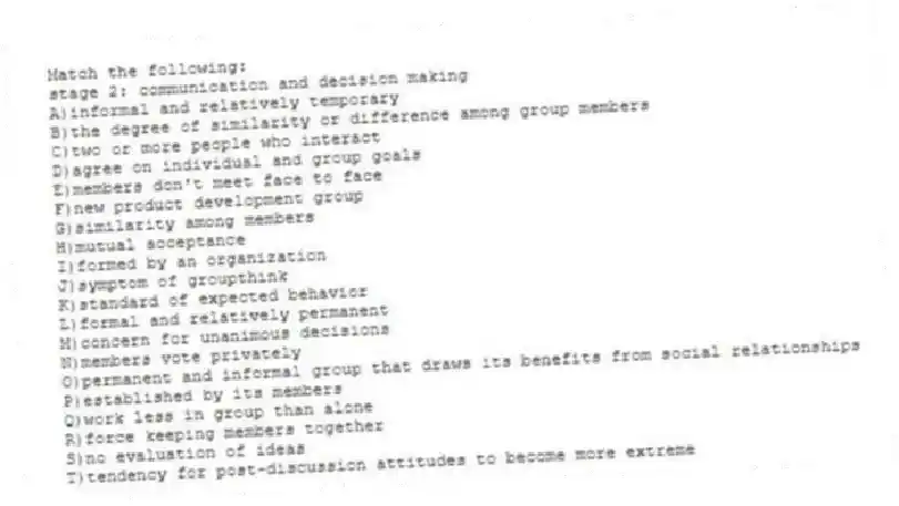 Match the following:
-stage 2: communication and decision making
A)informal and relatively temporary
B)the degree of similarity or difference among group members
C)two or more people who interact
D)agree on individual and group goals
E)members don't meet face to face
F)new product development group
G)similarity among members
H)mutual acceptance
I)formed by an organization
J)symptom of groupthink
K)standard of expected behavior
L)formal and relatively permanent
M)concern for unanimous decisions
N)members vote privately
O)permanent and informal group that draws its benefits from social relationships
P)established by its members
Q)work less in group than alone
R)force keeping members together
S)no evaluation of ideas
T)tendency for post-discussion attitudes to become more extreme