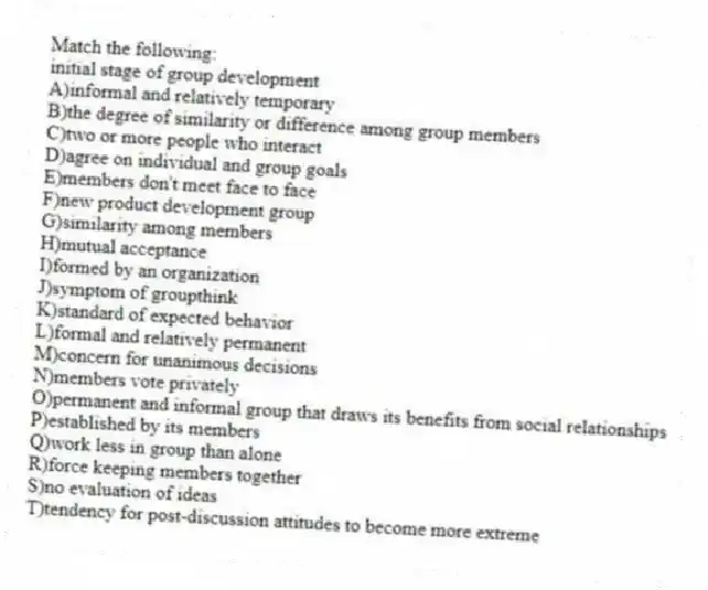 Match the following:
-initial stage of group development
A)informal and relatively temporary
B)the degree of similarity or difference among group members
C)two or more people who interact
D)agree on individual and group goals
E)members don't meet face to face
F)new product development group
G)similarity among members
H)mutual acceptance
I)formed by an organization
J)symptom of groupthink
K)standard of expected behavior
L)formal and relatively permanent
M)concern for unanimous decisions
N)members vote privately
O)permanent and informal group that draws its benefits from social relationships
P)established by its members
Q)work less in group than alone
R)force keeping members together
S)no evaluation of ideas
T)tendency for post-discussion attitudes to become more extreme