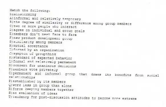 Match the following:
-brainstorming
A)informal and relatively temporary
B)the degree of similarity or difference among group members
C)two or more people who interact
D)agree on individual and group goals
E)members don't meet face to face
F)new product development group
G)similarity among members
H)mutual acceptance
I)formed by an organization
J)symptom of groupthink
K)standard of expected behavior
L)formal and relatively permanent
M)concern for unanimous decisions
N)members vote privately
O)permanent and informal group that draws its benefits from social relationships
P)established by its members
Q)work less in group than alone
R)force keeping members together
S)no evaluation of ideas
T)tendency for post-discussion attitudes to become more extreme