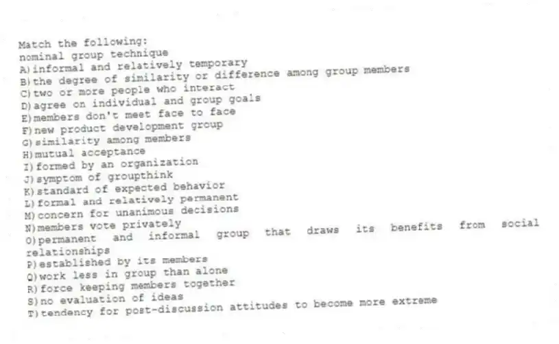 Match the following:
-nominal group technique
A)informal and relatively temporary
B)the degree of similarity or difference among group members
C)two or more people who interact
D)agree on individual and group goals
E)members don't meet face to face
F)new product development group
G)similarity among members
H)mutual acceptance
I)formed by an organization
J)symptom of groupthink
K)standard of expected behavior
L)formal and relatively permanent
M)concern for unanimous decisions
N)members vote privately
O)permanent and informal group that draws its benefits from social relationships
P)established by its members
Q)work less in group than alone
R)force keeping members together
S)no evaluation of ideas
T)tendency for post-discussion attitudes to become more extreme