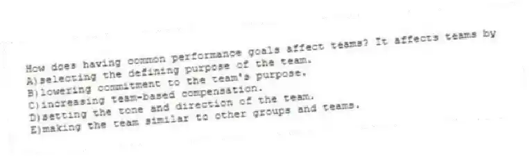 How does having common performance goals affect teams? It affects teams by
A)selecting the defining purpose of the team.
B)lowering commitment to the team's purpose.
C)increasing team-based compensation.
D)setting the tone and direction of the team.
E)making the team similar to other groups and teams.