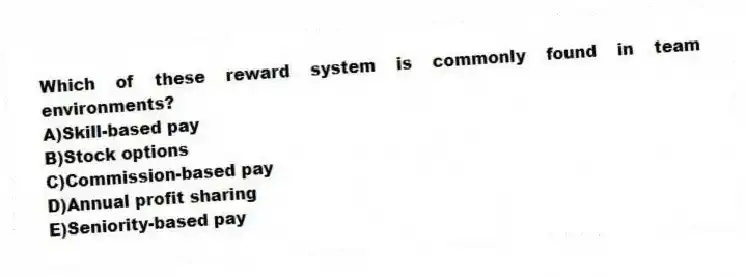 Which of these reward system is commonly found in team environments?
A)Skill-based pay
B)Stock options
C)Commission-based pay
D)Annual profit sharing
E)Seniority-based pay
