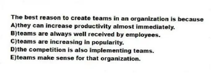 The best reason to create teams in an organization is because
A)they can increase productivity almost immediately.
B)teams are always well received by employees.
C)teams are increasing in popularity.
D)the competition is also implementing teams.
E)teams make sense for that organization.