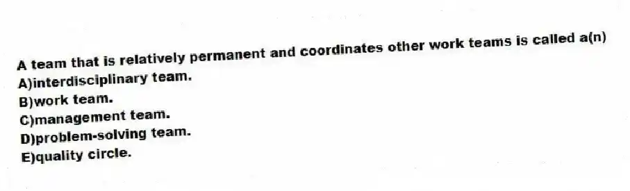 A team that is relatively permanent and coordinates other work teams is called a(n)
A)interdisciplinary team.
B)work team.
C)management team.
D)problem-solving team.
E)quality circle.