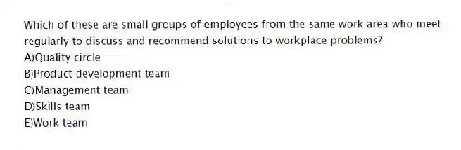 Which of these are small groups of employees from the same work area who meet regularly to discuss and recommend solutions to workplace problems?
A)Quality circle
B)Product development team
C)Management team
D)Skills team
E)Work team