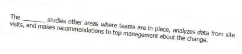 The _______ studies other areas where teams are in place, analyzes data from site visits, and makes recommendations to top management about the change.