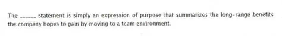 The ______ statement is simply an expression of purpose that summarizes the long-range benefits the company hopes to gain by moving to a team environment.