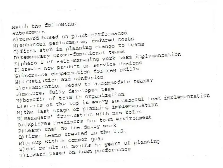 Match the following:
-autonomous
A)reward based on plant performance
B)enhanced performance, reduced costs
C)first step in planning change to teams
D)temporary cross-functional teams
E)phase 1 of self-managing work team implementation
F)create new product or service designs
G)increase compensation for new skills
H)frustration and confusion
I)organization ready to accommodate teams?
J)mature, fully developed team
K)benefit of team in organization
L)starts at the top in every successful team implementation
M)the last stage of planning implementation
N)managers' frustration with new roles
O)explores readiness for team environment
P)teams that do the daily work
Q)first teams created in the U.S.
R)group with a common goal
S)end result of months or years of planning
T)reward based on team performance