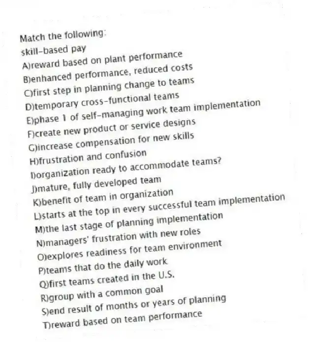 Match the following:
-skill-based pay
A)reward based on plant performance
B)enhanced performance, reduced costs
C)first step in planning change to teams
D)temporary cross-functional teams
E)phase 1 of self-managing work team implementation
F)create new product or service designs
G)increase compensation for new skills
H)frustration and confusion
I)organization ready to accommodate teams?
J)mature, fully developed team
K)benefit of team in organization
L)starts at the top in every successful team implementation
M)the last stage of planning implementation
N)managers' frustration with new roles
O)explores readiness for team environment
P)teams that do the daily work
Q)first teams created in the U.S.
R)group with a common goal
S)end result of months or years of planning
T)reward based on team performance