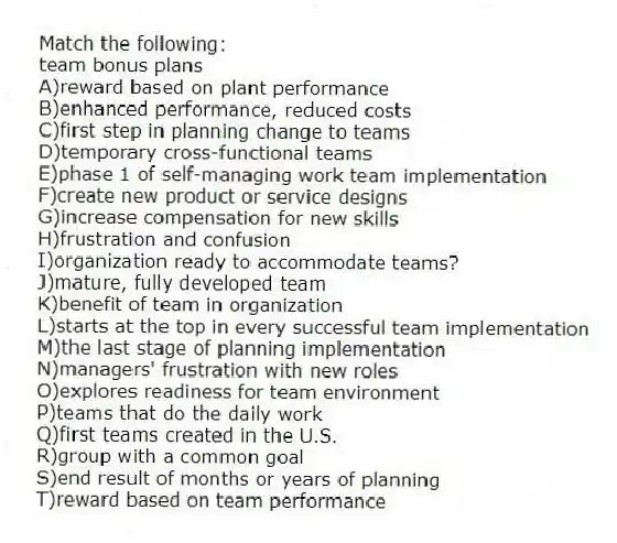 Match the following:
-team bonus plans
A)reward based on plant performance
B)enhanced performance, reduced costs
C)first step in planning change to teams
D)temporary cross-functional teams
E)phase 1 of self-managing work team implementation
F)create new product or service designs
G)increase compensation for new skills
H)frustration and confusion
I)organization ready to accommodate teams?
J)mature, fully developed team
K)benefit of team in organization
L)starts at the top in every successful team implementation
M)the last stage of planning implementation
N)managers' frustration with new roles
O)explores readiness for team environment
P)teams that do the daily work
Q)first teams created in the U.S.
R)group with a common goal
S)end result of months or years of planning
T)reward based on team performance