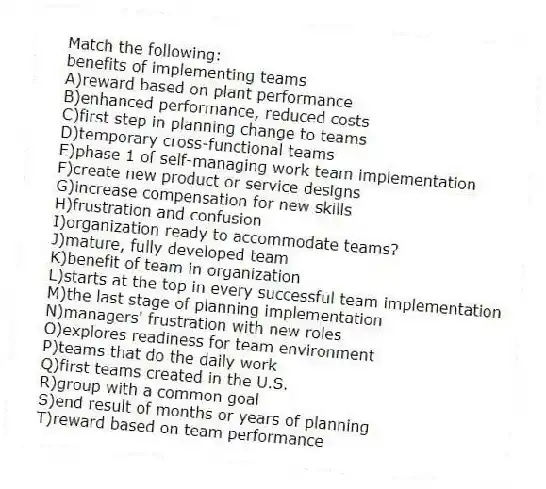 Match the following:
-benefits of implementing teams
A)reward based on plant performance
B)enhanced performance, reduced costs
C)first step in planning change to teams
D)temporary cross-functional teams
E)phase 1 of self-managing work team implementation
F)create new product or service designs
G)increase compensation for new skills
H)frustration and confusion
I)organization ready to accommodate teams?
J)mature, fully developed team
K)benefit of team in organization
L)starts at the top in every successful team implementation
M)the last stage of planning implementation
N)managers' frustration with new roles
O)explores readiness for team environment
P)teams that do the daily work
Q)first teams created in the U.S.
R)group with a common goal
S)end result of months or years of planning
T)reward based on team performance