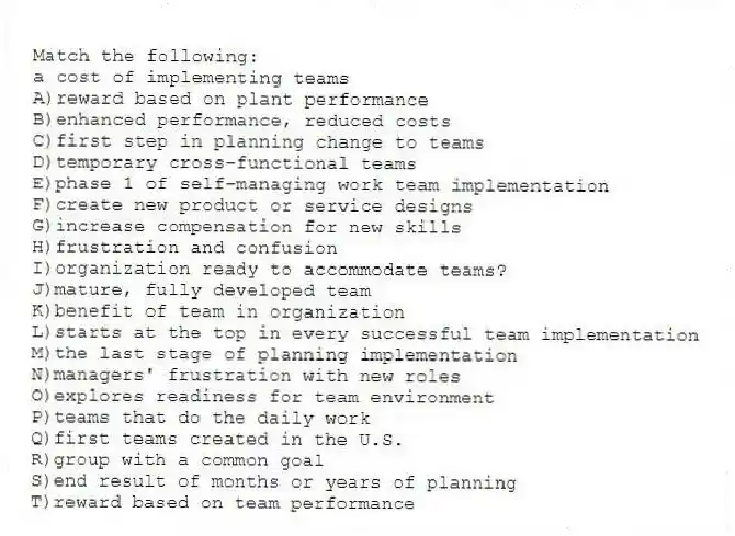 Match the following:
-a cost of implementing teams
A)reward based on plant performance
B)enhanced performance, reduced costs
C)first step in planning change to teams
D)temporary cross-functional teams
E)phase 1 of self-managing work team implementation
F)create new product or service designs
G)increase compensation for new skills
H)frustration and confusion
I)organization ready to accommodate teams?
J)mature, fully developed team
K)benefit of team in organization
L)starts at the top in every successful team implementation
M)the last stage of planning implementation
N)managers' frustration with new roles
O)explores readiness for team environment
P)teams that do the daily work
Q)first teams created in the U.S.
R)group with a common goal
S)end result of months or years of planning
T)reward based on team performance