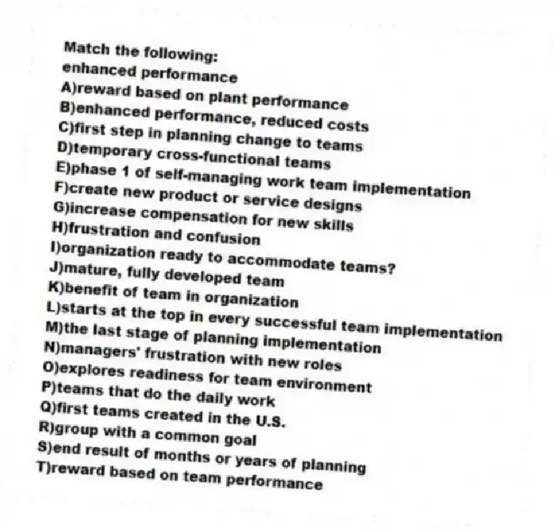 Match the following:
-enhanced performance
A)reward based on plant performance
B)enhanced performance, reduced costs
C)first step in planning change to teams
D)temporary cross-functional teams
E)phase 1 of self-managing work team implementation
F)create new product or service designs
G)increase compensation for new skills
H)frustration and confusion
I)organization ready to accommodate teams?
J)mature, fully developed team
K)benefit of team in organization
L)starts at the top in every successful team implementation
M)the last stage of planning implementation
N)managers' frustration with new roles
O)explores readiness for team environment
P)teams that do the daily work
Q)first teams created in the U.S.
R)group with a common goal
S)end result of months or years of planning
T)reward based on team performance