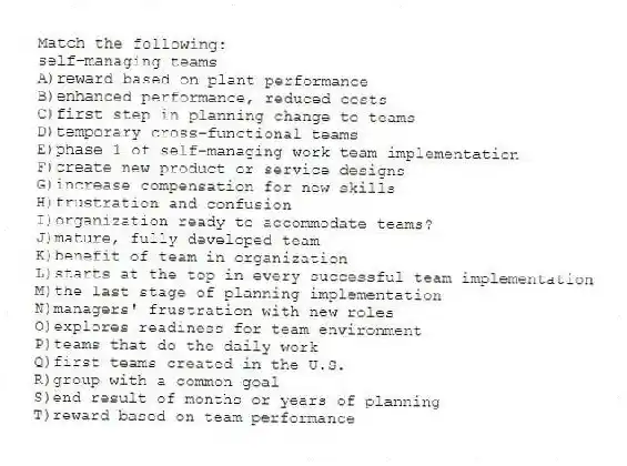 Match the following:
-self-managing teams
A)reward based on plant performance
B)enhanced performance, reduced costs
C)first step in planning change to teams
D)temporary cross-functional teams
E)phase 1 of self-managing work team implementation
F)create new product or service designs
G)increase compensation for new skills
H)frustration and confusion
I)organization ready to accommodate teams?
J)mature, fully developed team
K)benefit of team in organization
L)starts at the top in every successful team implementation
M)the last stage of planning implementation
N)managers' frustration with new roles
O)explores readiness for team environment
P)teams that do the daily work
Q)first teams created in the U.S.
R)group with a common goal
S)end result of months or years of planning
T)reward based on team performance