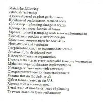 Match the following:
-establish leadership
A)reward based on plant performance
B)enhanced performance, reduced costs
C)first step in planning change to teams
D)temporary cross-functional teams
E)phase 1 of self-managing work team implementation
F)create new product or service designs
G)increase compensation for new skills
H)frustration and confusion
I)organization ready to accommodate teams?
J)mature, fully developed team
K)benefit of team in organization
L)starts at the top in every successful team implementation
M)the last stage of planning implementation
N)managers' frustration with new roles
O)explores readiness for team environment
P)teams that do the daily work
Q)first teams created in the U.S.
R)group with a common goal
S)end result of months or years of planning
T)reward based on team performance