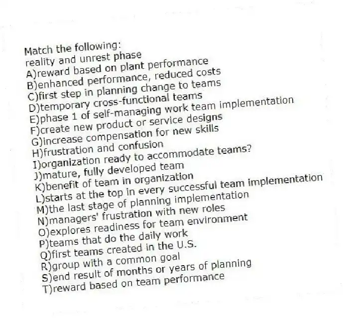 Match the following:
-reality and unrest phase
A)reward based on plant performance
B)enhanced performance, reduced costs
C)first step in planning change to teams
D)temporary cross-functional teams
E)phase 1 of self-managing work team implementation
F)create new product or service designs
G)increase compensation for new skills
H)frustration and confusion
I)organization ready to accommodate teams?
J)mature, fully developed team
K)benefit of team in organization
L)starts at the top in every successful team implementation
M)the last stage of planning implementation
N)managers' frustration with new roles
O)explores readiness for team environment
P)teams that do the daily work
Q)first teams created in the U.S.
R)group with a common goal
S)end result of months or years of planning
T)reward based on team performance