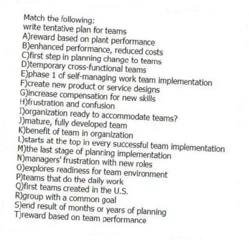 Match the following:
-write tentative plan for teams
A)reward based on plant performance
B)enhanced performance, reduced costs
C)first step in planning change to teams
D)temporary cross-functional teams
E)phase 1 of self-managing work team implementation
F)create new product or service designs
G)increase compensation for new skills
H)frustration and confusion
I)organization ready to accommodate teams?
J)mature, fully developed team
K)benefit of team in organization
L)starts at the top in every successful team implementation
M)the last stage of planning implementation
N)managers' frustration with new roles
O)explores readiness for team environment
P)teams that do the daily work
Q)first teams created in the U.S.
R)group with a common goal
S)end result of months or years of planning
T)reward based on team performance