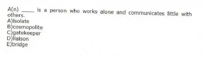 A(n) ____ is a person who works alone and communicates little with others.
A)isolate
B)cosmopolite
C)gatekeeper
D)liaison
E)bridge