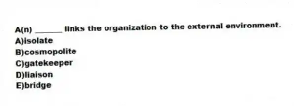 A(n) _______ links the organization to the external environment.
A)isolate
B)cosmopolite
C)gatekeeper
D)liaison
E)bridge