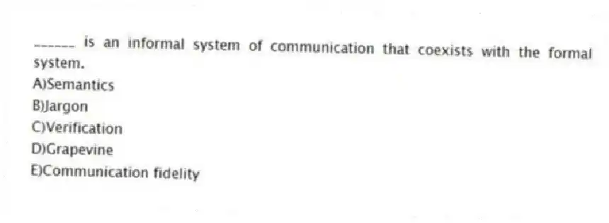 ______ is an informal system of communication that coexists with the formal system.
A)Semantics
B)Jargon
C)Verification
D)Grapevine
E)Communication fidelity