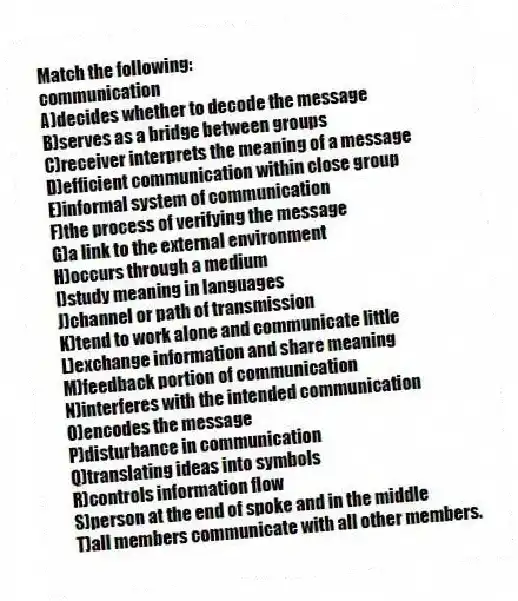 Match the following:
-communication
A)decides whether to decode the message
B)serves as a bridge between groups
C)receiver interprets the meaning of a message
D)efficient communication within close group
E)informal system of communication
F)the process of verifying the message
G)a link to the external environment
H)occurs through a medium
I)study meaning in languages
J)channel or path of transmission
K)tend to work alone and communicate little
L)exchange information and share meaning
M)feedback portion of communication
N)interferes with the intended communication
O)encodes the message
P)disturbance in communication
Q)translating ideas into symbols
R)controls information flow
S)person at the end of spoke and in the middle
T)all members communicate with all other members.