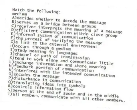 Match the following:
-medium
A)decides whether to decode the message
B)serves as a bridge between groups
C)receiver interprets the meaning of a message
D)efficient communication within close group
E)informal system of communication
F)the process of verifying the message
G)a link to the external environment
H)occurs through a medium
I)study meaning in languages
J)channel or path of transmission
K)tend to work alone and communicate little
L)exchange information and share meaning
M)feedback portion of communication
N)interferes with the intended communication
O)encodes the message
P)disturbance in communication
Q)translating ideas into symbols
R)controls information flow
S)person at the end of spoke and in the middle
T)all members communicate with all other members.