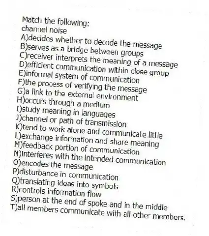 Match the following:
-channel noise
A)decides whether to decode the message
B)serves as a bridge between groups
C)receiver interprets the meaning of a message
D)efficient communication within close group
E)informal system of communication
F)the process of verifying the message
G)a link to the external environment
H)occurs through a medium
I)study meaning in languages
J)channel or path of transmission
K)tend to work alone and communicate little
L)exchange information and share meaning
M)feedback portion of communication
N)interferes with the intended communication
O)encodes the message
P)disturbance in communication
Q)translating ideas into symbols
R)controls information flow
S)person at the end of spoke and in the middle
T)all members communicate with all other members.
