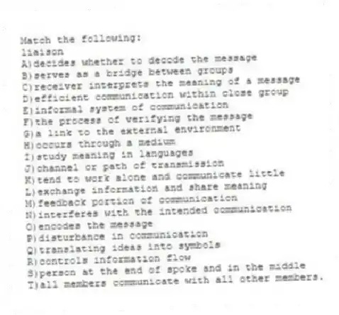 Match the following:
-liaison
A)decides whether to decode the message
B)serves as a bridge between groups
C)receiver interprets the meaning of a message
D)efficient communication within close group
E)informal system of communication
F)the process of verifying the message
G)a link to the external environment
H)occurs through a medium
I)study meaning in languages
J)channel or path of transmission
K)tend to work alone and communicate little
L)exchange information and share meaning
M)feedback portion of communication
N)interferes with the intended communication
O)encodes the message
P)disturbance in communication
Q)translating ideas into symbols
R)controls information flow
S)person at the end of spoke and in the middle
T)all members communicate with all other members.