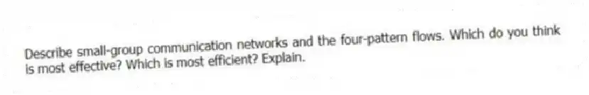 Describe small-group communication networks and the four-pattern flows. Which do you think is most effective? Which is most efficient? Explain.
