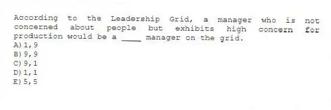 According to the Leadership Grid, a manager who is not concerned about people but exhibits high concern for production would be a ____ manager on the grid.
A)1,9
B)9,9
C)9,1
D)1,1
E)5,5