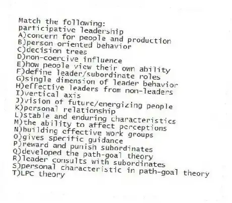 Match the following:
-participative leadership
A)concern for people and production
B)person-oriented behavior
C)decision trees
D)non-coercive influence
E)how people view their own ability
F)define leader/subordinate roles
G)single dimension of leader behavior
H)effective leaders from non-leaders
I)vertical axis
J)vision of future/energizing people
K)personal relationship
L)stable and enduring characteristics
M)the ability to affect perceptions
N)building effective work groups
O)gives specific guidance
P)reward and punish subordinates
Q)developed the path-goal theory
R)leader consults with subordinates
S)personal characteristic in path-goal theory
T)LPC theory