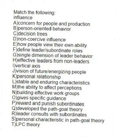 Match the following:
-influence
A)concern for people and production
B)person-oriented behavior
C)decision trees
D)non-coercive influence
E)how people view their own ability
F)define leader/subordinate roles
G)single dimension of leader behavior
H)effective leaders from non-leaders
I)vertical axis
J)vision of future/energizing people
K)personal relationship
L)stable and enduring characteristics
M)the ability to affect perceptions
N)building effective work groups
O)gives specific guidance
P)reward and punish subordinates
Q)developed the path-goal theory
R)leader consults with subordinates
S)personal characteristic in path-goal theory
T)LPC theory