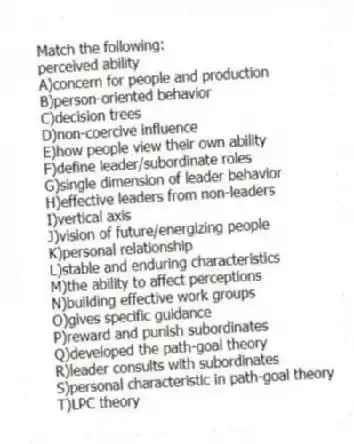 Match the following:
-perceived ability
A)concern for people and production
B)person-oriented behavior
C)decision trees
D)non-coercive influence
E)how people view their own ability
F)define leader/subordinate roles
G)single dimension of leader behavior
H)effective leaders from non-leaders
I)vertical axis
J)vision of future/energizing people
K)personal relationship
L)stable and enduring characteristics
M)the ability to affect perceptions
N)building effective work groups
O)gives specific guidance
P)reward and punish subordinates
Q)developed the path-goal theory
R)leader consults with subordinates
S)personal characteristic in path-goal theory
T)LPC theory