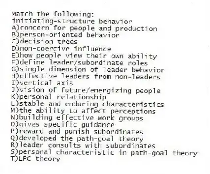 Match the following:
-initiating-structure behavior
A)concern for people and production
B)person-oriented behavior
C)decision trees
D)non-coercive influence
E)how people view their own ability
F)define leader/subordinate roles
G)single dimension of leader behavior
H)effective leaders from non-leaders
I)vertical axis
J)vision of future/energizing people
K)personal relationship
L)stable and enduring characteristics
M)the ability to affect perceptions
N)building effective work groups
O)gives specific guidance
P)reward and punish subordinates
Q)developed the path-goal theory
R)leader consults with subordinates
S)personal characteristic in path-goal theory
T)LPC theory