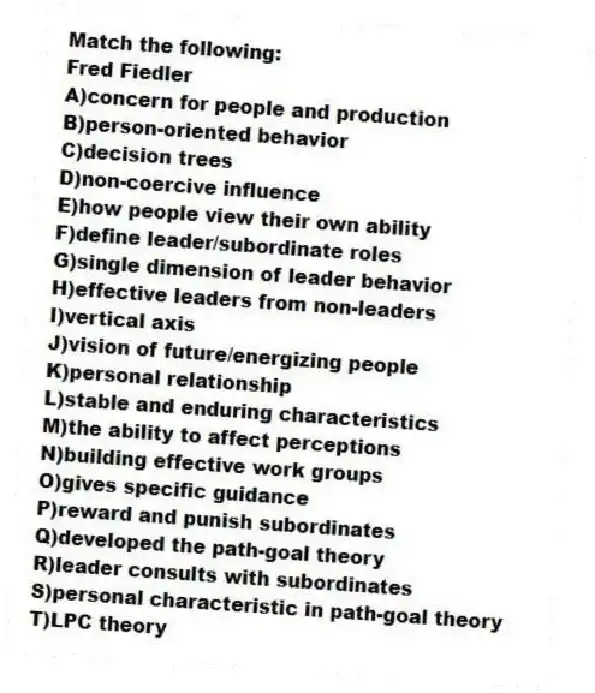 Match the following:
-Fred Fiedler
A)concern for people and production
B)person-oriented behavior
C)decision trees
D)non-coercive influence
E)how people view their own ability
F)define leader/subordinate roles
G)single dimension of leader behavior
H)effective leaders from non-leaders
I)vertical axis
J)vision of future/energizing people
K)personal relationship
L)stable and enduring characteristics
M)the ability to affect perceptions
N)building effective work groups
O)gives specific guidance
P)reward and punish subordinates
Q)developed the path-goal theory
R)leader consults with subordinates
S)personal characteristic in path-goal theory
T)LPC theory