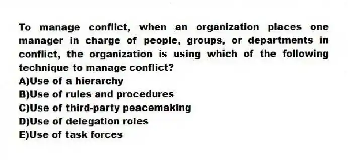 To manage conflict, when an organization places one manager in charge of people, groups, or departments in conflict, the organization is using which of the following technique to manage conflict?
A)Use of a hierarchy
B)Use of rules and procedures
C)Use of third-party peacemaking
D)Use of delegation roles
E)Use of task forces