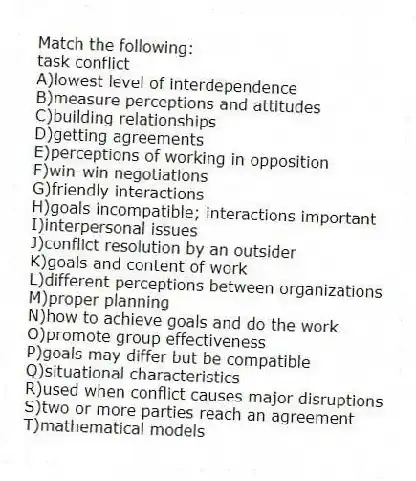 Match the following:
-task conflict
A)lowest level of interdependence
B)measure perceptions and attitudes
C)building relationships
D)getting agreements
E)perceptions of working in opposition
F)win-win negotiations
G)friendly interactions
H)goals incompatible; interactions important
I)interpersonal issues
J)conflict resolution by an outsider
K)goals and content of work
L)different perceptions between organizations
M)proper planning
N)how to achieve goals and do the work
O)promote group effectiveness
P)goals may differ but be compatible
Q)situational characteristics
R)used when conflict causes major disruptions
S)two or more parties reach an agreement
T)mathematical models