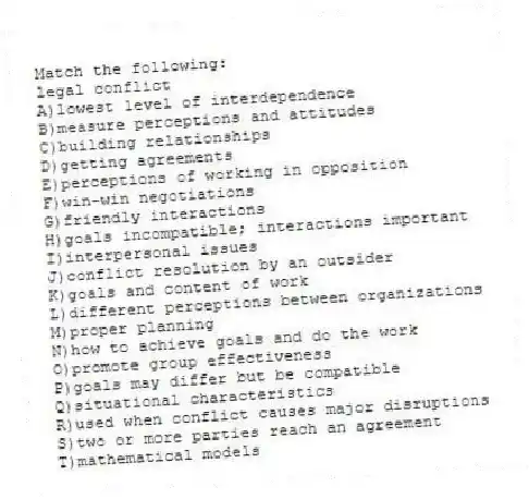 Match the following:
-legal conflict
A)lowest level of interdependence
B)measure perceptions and attitudes
C)building relationships
D)getting agreements
E)perceptions of working in opposition
F)win-win negotiations
G)friendly interactions
H)goals incompatible; interactions important
I)interpersonal issues
J)conflict resolution by an outsider
K)goals and content of work
L)different perceptions between organizations
M)proper planning
N)how to achieve goals and do the work
O)promote group effectiveness
P)goals may differ but be compatible
Q)situational characteristics
R)used when conflict causes major disruptions
S)two or more parties reach an agreement
T)mathematical models
