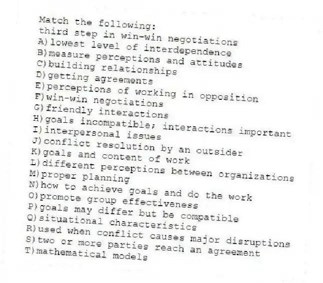 Match the following:
-third step in win-win negotiations
A)lowest level of interdependence
B)measure perceptions and attitudes
C)building relationships
D)getting agreements
E)perceptions of working in opposition
F)win-win negotiations
G)friendly interactions
H)goals incompatible; interactions important
I)interpersonal issues
J)conflict resolution by an outsider
K)goals and content of work
L)different perceptions between organizations
M)proper planning
N)how to achieve goals and do the work
O)promote group effectiveness
P)goals may differ but be compatible
Q)situational characteristics
R)used when conflict causes major disruptions
S)two or more parties reach an agreement
T)mathematical models