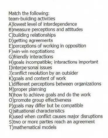 Match the following:
-team-building activities
A)lowest level of interdependence
B)measure perceptions and attitudes
C)building relationships
D)getting agreements
E)perceptions of working in opposition
F)win-win negotiations
G)friendly interactions
H)goals incompatible; interactions important
I)interpersonal issues
J)conflict resolution by an outsider
K)goals and content of work
L)different perceptions between organizations
M)proper planning
N)how to achieve goals and do the work
O)promote group effectiveness
P)goals may differ but be compatible
Q)situational characteristics
R)used when conflict causes major disruptions
S)two or more parties reach an agreement
T)mathematical models